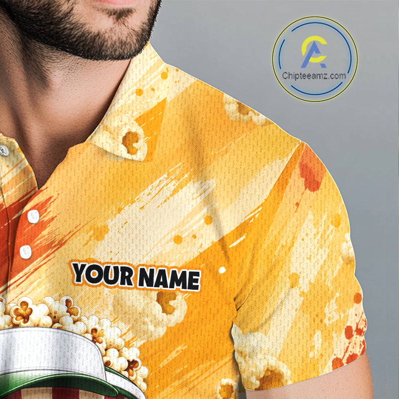 Funny Popcorn Men Golf Polo Shirt Custom Name, Personalized Popcorn Golfer Team Polo NHT1340