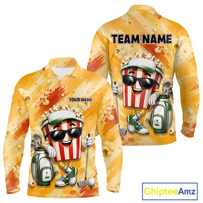 Funny Popcorn Men Golf Polo Shirt Custom Name, Personalized Popcorn Golfer Team Polo NHT1340
