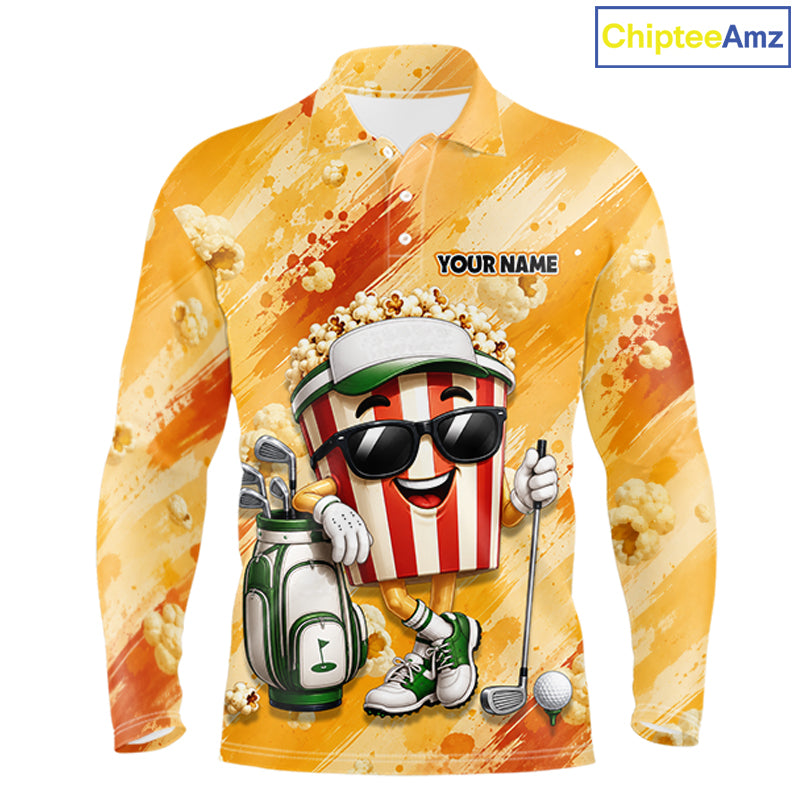 Funny Popcorn Men Golf Polo Shirt Custom Name, Personalized Popcorn Golfer Team Polo NHT1340