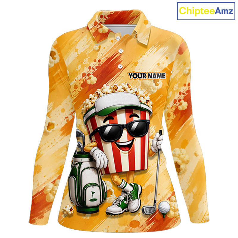 Funny Popcorn Women Golf Polo Shirt Custom Name, Personalized Popcorn Golfer Team Polo NHT1340
