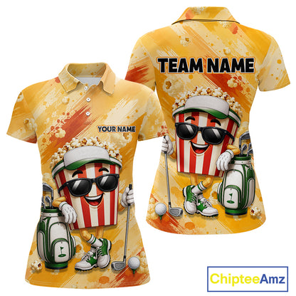Funny Popcorn Women Golf Polo Shirt Custom Name, Personalized Popcorn Golfer Team Polo NHT1340