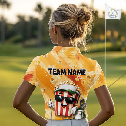 Funny Popcorn Women Golf Polo Shirt Custom Name, Personalized Popcorn Golfer Team Polo NHT1340