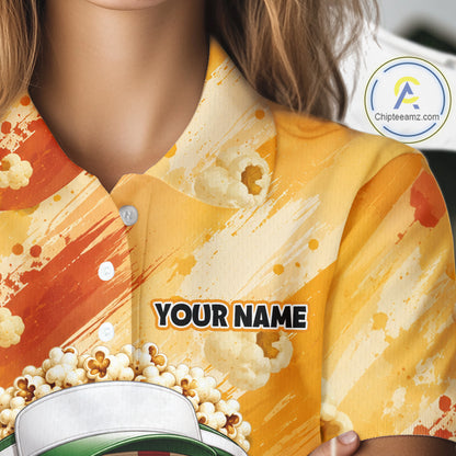 Funny Popcorn Women Golf Polo Shirt Custom Name, Personalized Popcorn Golfer Team Polo NHT1340