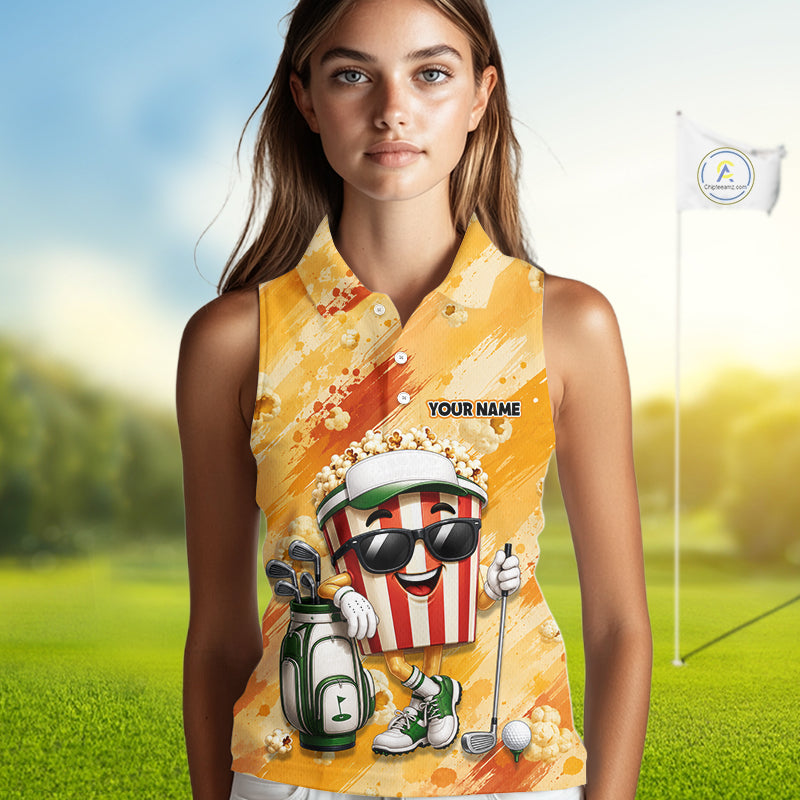 Funny Popcorn Women Sleeveless Golf Polo Shirt Custom Name, Personalized Popcorn Golfer Team Polo NHT1340
