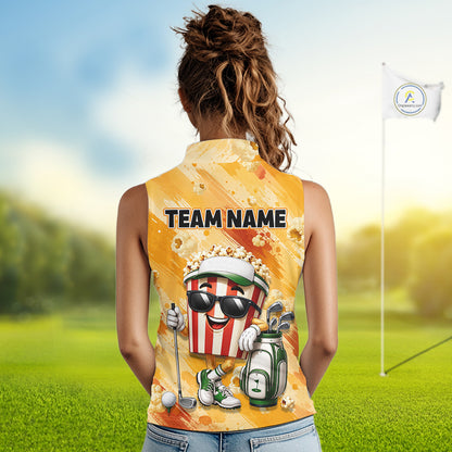 Funny Popcorn Women Sleeveless Golf Polo Shirt Custom Name, Personalized Popcorn Golfer Team Polo NHT1340