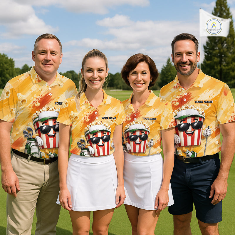Funny Popcorn Men Golf Polo Shirt Custom Name, Personalized Popcorn Golfer Team Polo NHT1340