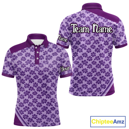 Custom Mens Purple Floral Golf Polo, Personalized Violet Flower Golf Shirt With Name NHT696
