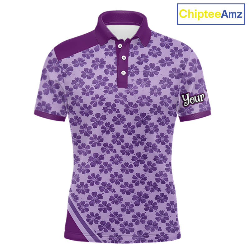 Custom Mens Purple Floral Golf Polo, Personalized Violet Flower Golf Shirt With Name NHT696
