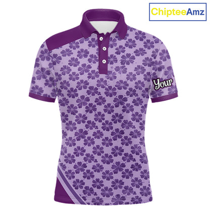 Custom Mens Purple Floral Golf Polo, Personalized Violet Flower Golf Shirt With Name NHT696