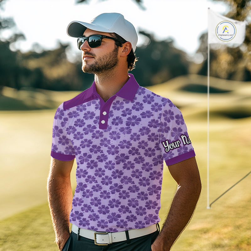 Custom Mens Purple Floral Golf Polo, Personalized Violet Flower Golf Shirt With Name NHT696