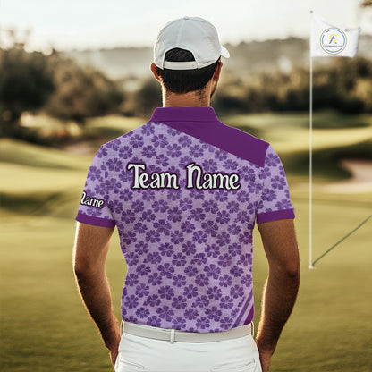 Custom Mens Purple Floral Golf Polo, Personalized Violet Flower Golf Shirt With Name NHT696