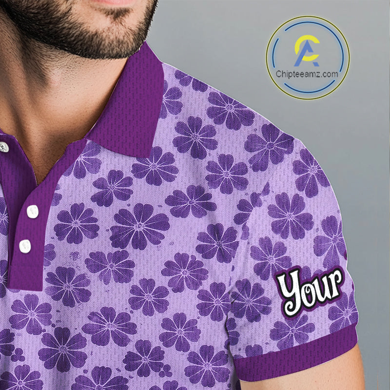 Custom Mens Purple Floral Golf Polo, Personalized Violet Flower Golf Shirt With Name NHT696