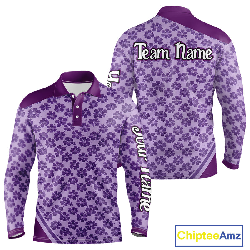 Custom Mens Purple Floral Golf Polo, Personalized Violet Flower Golf Shirt With Name NHT696