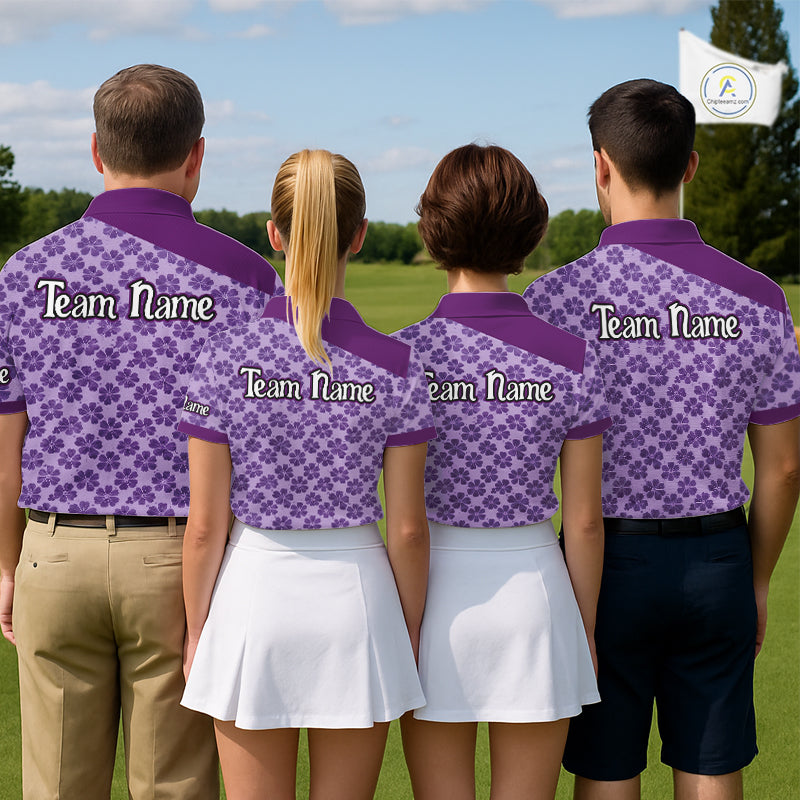 Custom Mens Purple Floral Golf Polo, Personalized Violet Flower Golf Shirt With Name NHT696