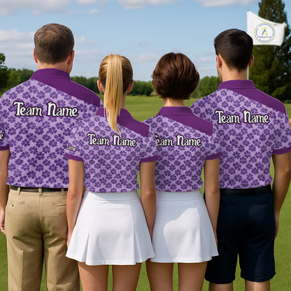 Custom Mens Purple Floral Golf Polo, Personalized Violet Flower Golf Shirt With Name NHT696