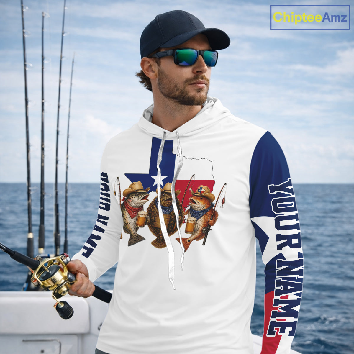 Funny Cowboy Trout, Flounder, Redfish Texas Flag Long Sleeve Hooded  Fishing Shirts Apparel|White NHT1028