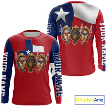 Load image into Gallery viewer, Funny Cowboy Trout, Flounder, Redfish Texas Flag Long Sleeve Fishing Shirts Apparel|Red