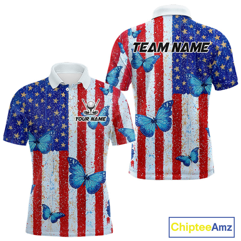 Personalized Blue Butterfly American Flag Polo – Custom Name Patriotic Golf Polo Shirt