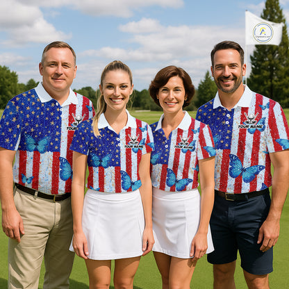 Personalized Blue Butterfly American Flag Polo – Custom Name Patriotic Womens Golf Polo Shirt NHT1034