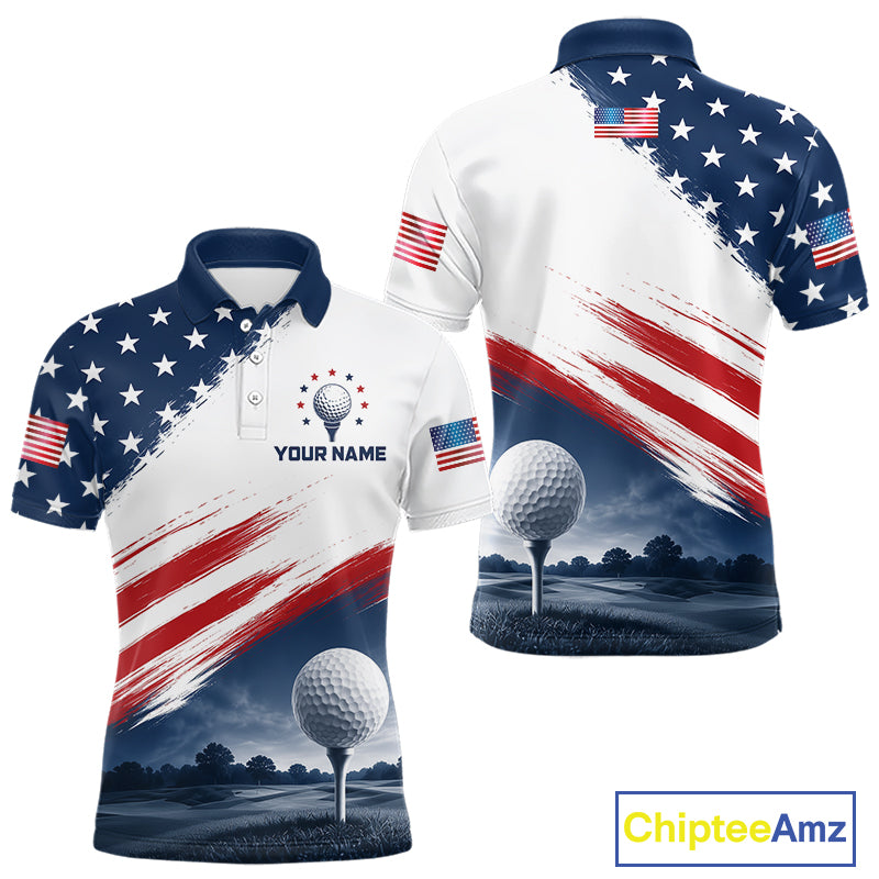 Patriotic American Flag Golf Polo Shirt For Men –  Red White Blue Golf Apparel 