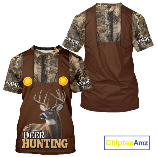 Deer Hunting Hoodie & Sweatshirt – Brown Bib Overalls Style with Custom Name Camo Design NHT346
