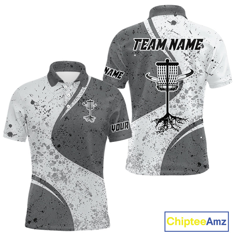 Mens Disc Golf Polo Shirt Gray Camo Disc Golf Basket, Personalized Disc Golf Shirts NHT896