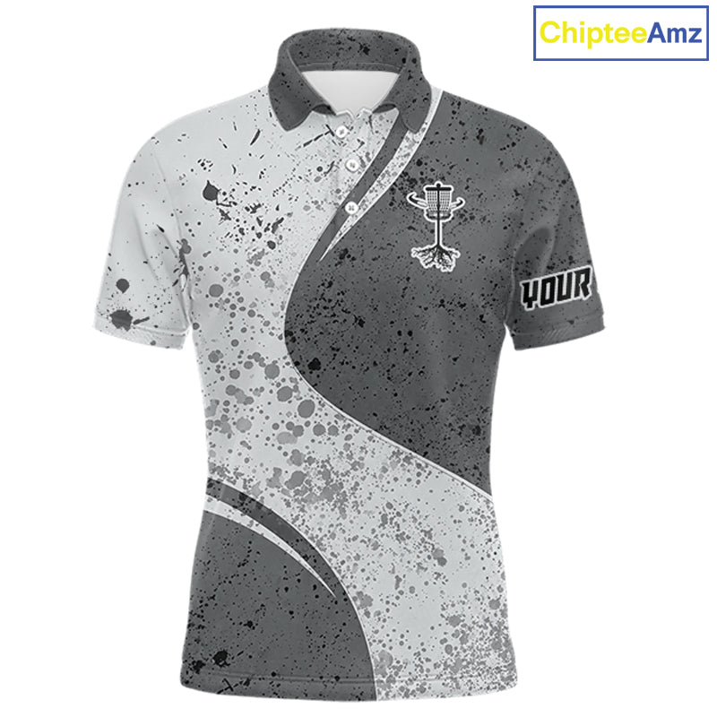Mens Disc Golf Polo Shirt Gray Camo Disc Golf Basket, Personalized Disc Golf Shirts NHT896