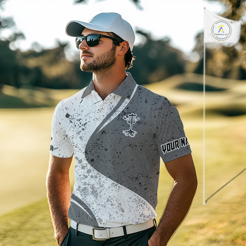 Mens Disc Golf Polo Shirt Gray Camo Disc Golf Basket, Personalized Disc Golf Shirts NHT896