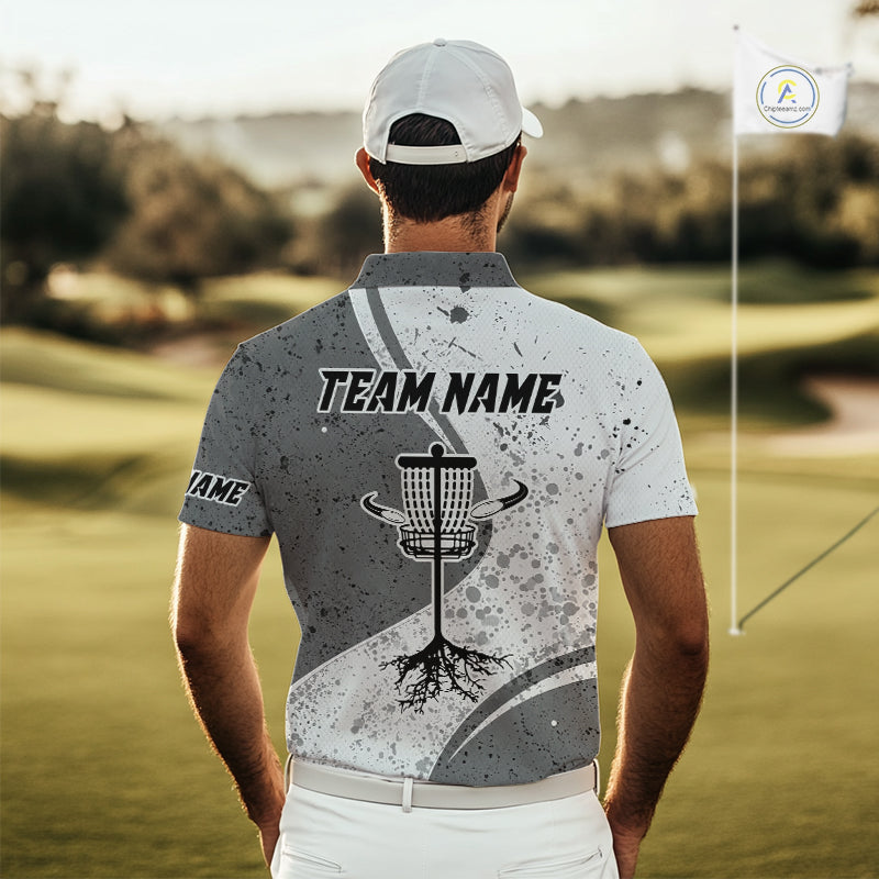 Mens Disc Golf Polo Shirt Gray Camo Disc Golf Basket, Personalized Disc Golf Shirts NHT896