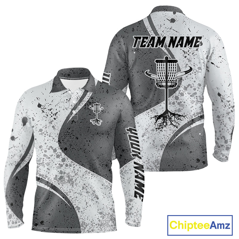 Mens Disc Golf Polo Shirt Gray Camo Disc Golf Basket, Personalized Disc Golf Shirts NHT896