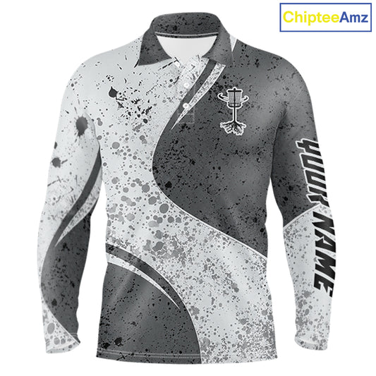 Mens Disc Golf Polo Shirt Gray Camo Disc Golf Basket, Personalized Disc Golf Shirts NHT896