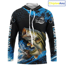 Load image into Gallery viewer, Custom Bass Fishing Jersey long sleeve hooded shirt with bass-inspired graphic and performance fit.