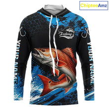 Load image into Gallery viewer, Custom Redfish Fishing Jersey long sleeve hooded shirt with bold redfish graphic and performance fit.
