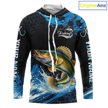 Load image into Gallery viewer, Custom Walleye Fishing Jersey long sleeve hooded shirt with walleye-inspired graphic and performance fit.