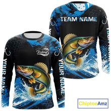Load image into Gallery viewer, Back view of custom walleye fishing shirt made from breathable polyester with UPF 30+ sun protection.