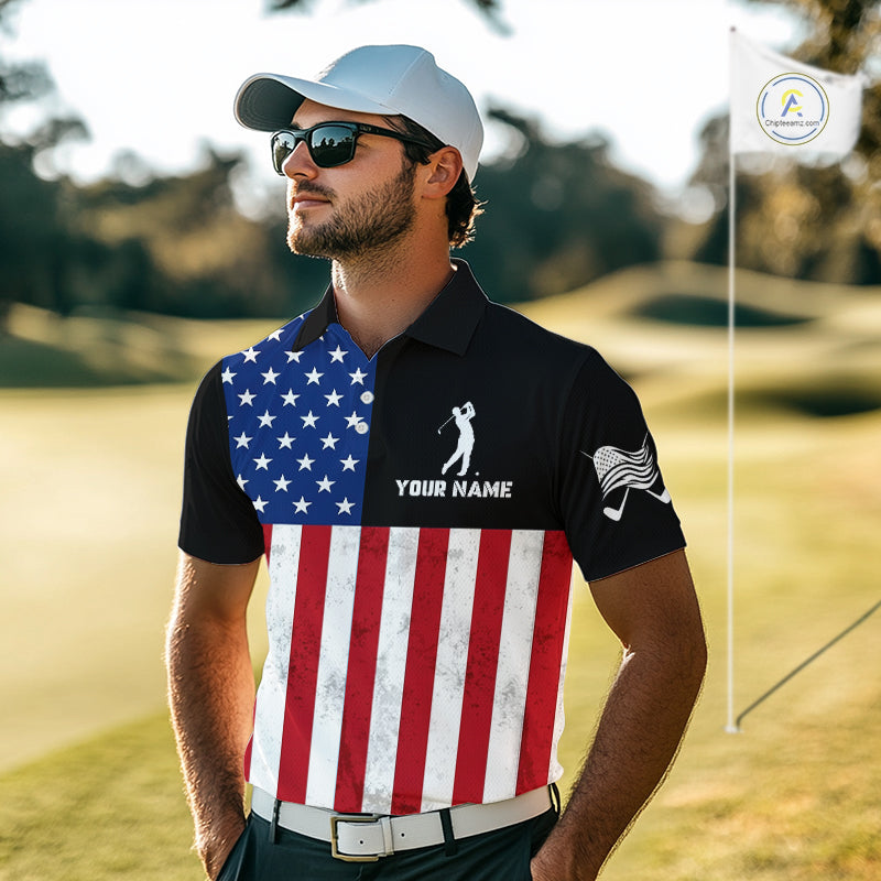 Personalized Mens Golf Polo Shirt American Flag Patriotic Golf Shirts Golf Gifts For Men NHT746