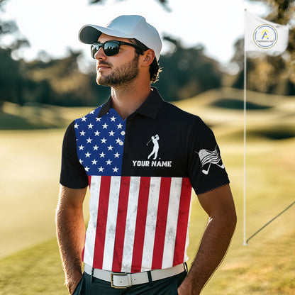 Personalized Mens Golf Polo Shirt American Flag Patriotic Golf Shirts Golf Gifts For Men NHT746