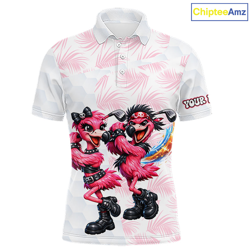 Personalized Funny Flamingo Rockstar Couple Golf Polo Shirt, Custom Name Matching Couple Golf Shirt NHT748