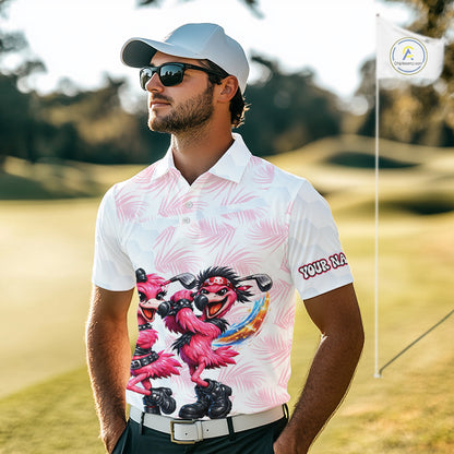 Personalized Funny Flamingo Rockstar Couple Golf Polo Shirt, Custom Name Matching Couple Golf Shirt NHT748