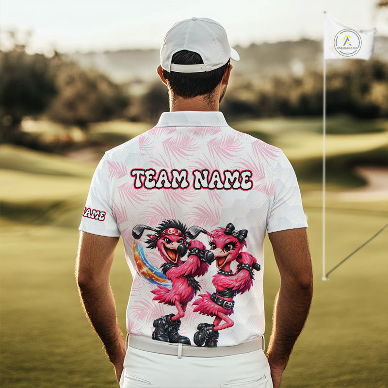 Personalized Funny Flamingo Rockstar Couple Golf Polo Shirt, Custom Name Matching Couple Golf Shirt NHT748