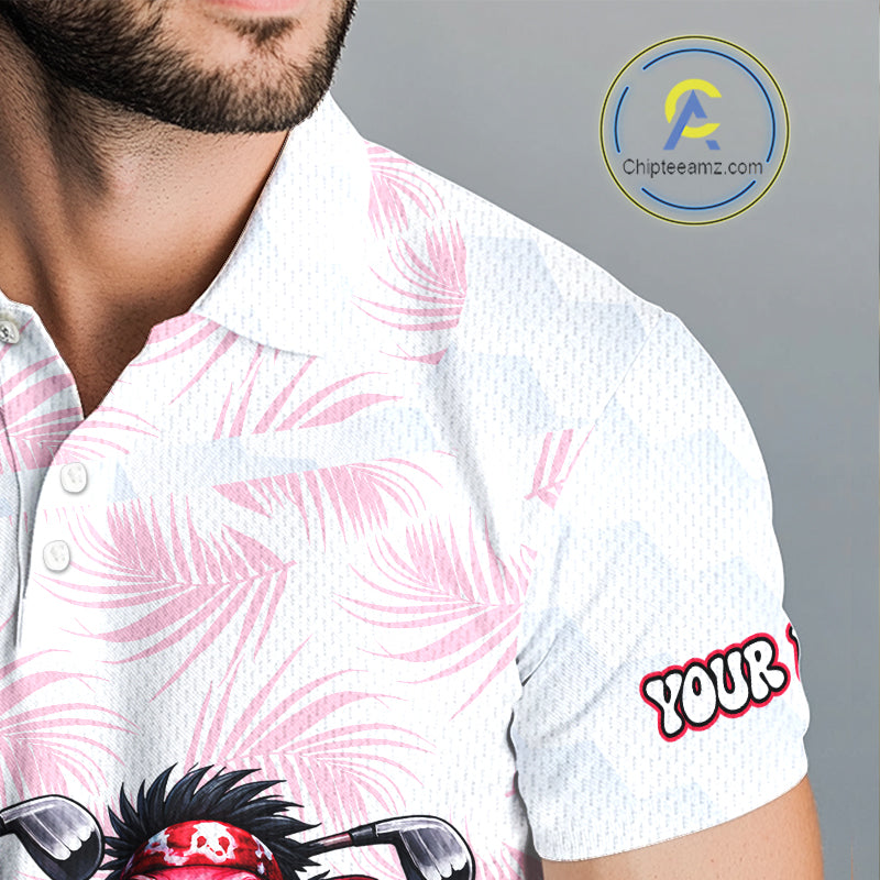 Personalized Funny Flamingo Rockstar Couple Golf Polo Shirt, Custom Name Matching Couple Golf Shirt NHT748