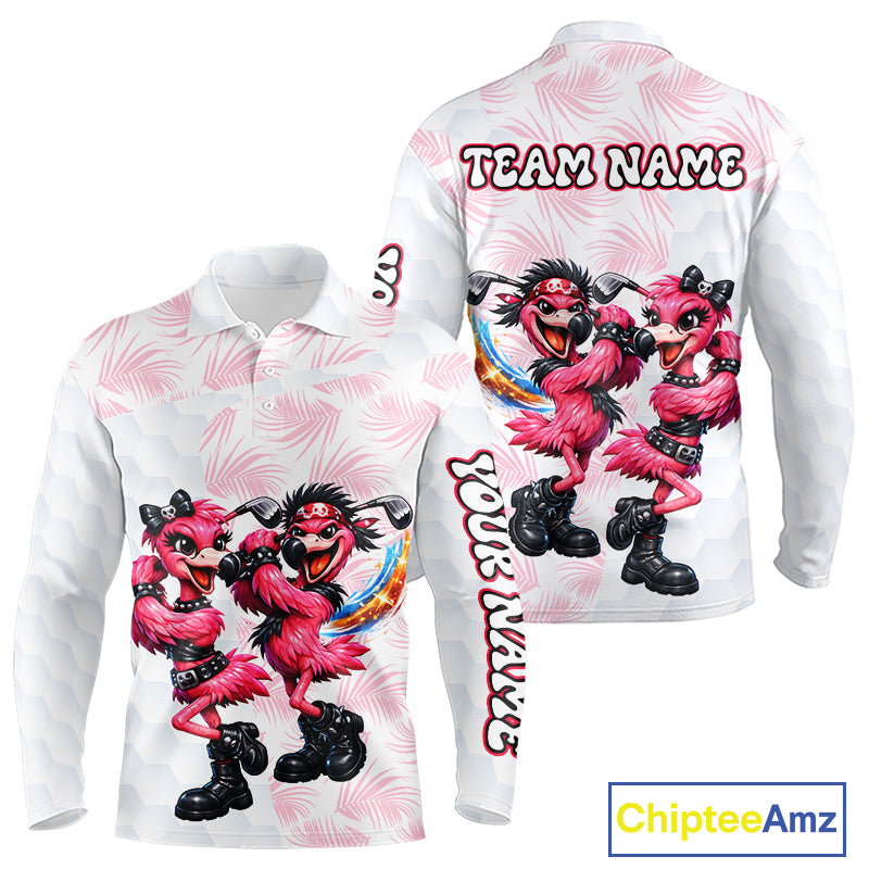 Personalized Funny Flamingo Rockstar Couple Golf Polo Shirt, Custom Name Matching Couple Golf Shirt NHT748