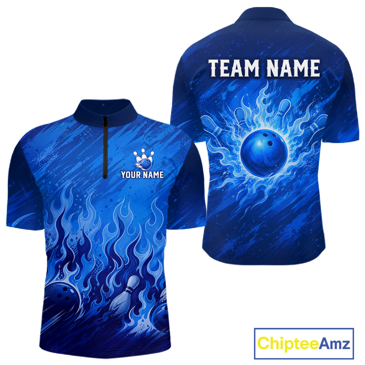 Custom short-sleeve quarter-zip bowling t-shirt shown in front and back views. The shirt features a vibrant blue and dark blue flame pattern with bowling ball and pin graphics.