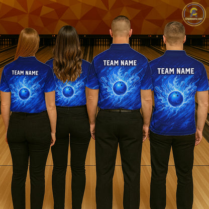 Custom Bowling Shirt Personalized Name, Blue Flame Bowling Polo, Team Bowling Jersey For Men NHT1231
