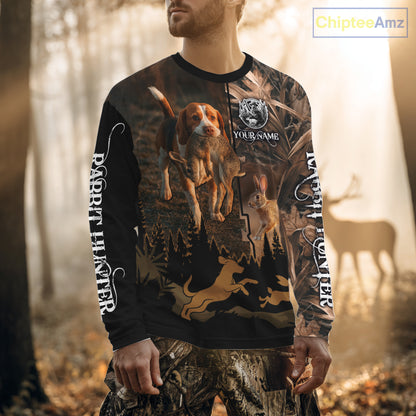 Best Brown Camo 3D Beagle Dog Rabbit Hunting Shirt, Custom Name Rabbit Hunter Clothing NHT231