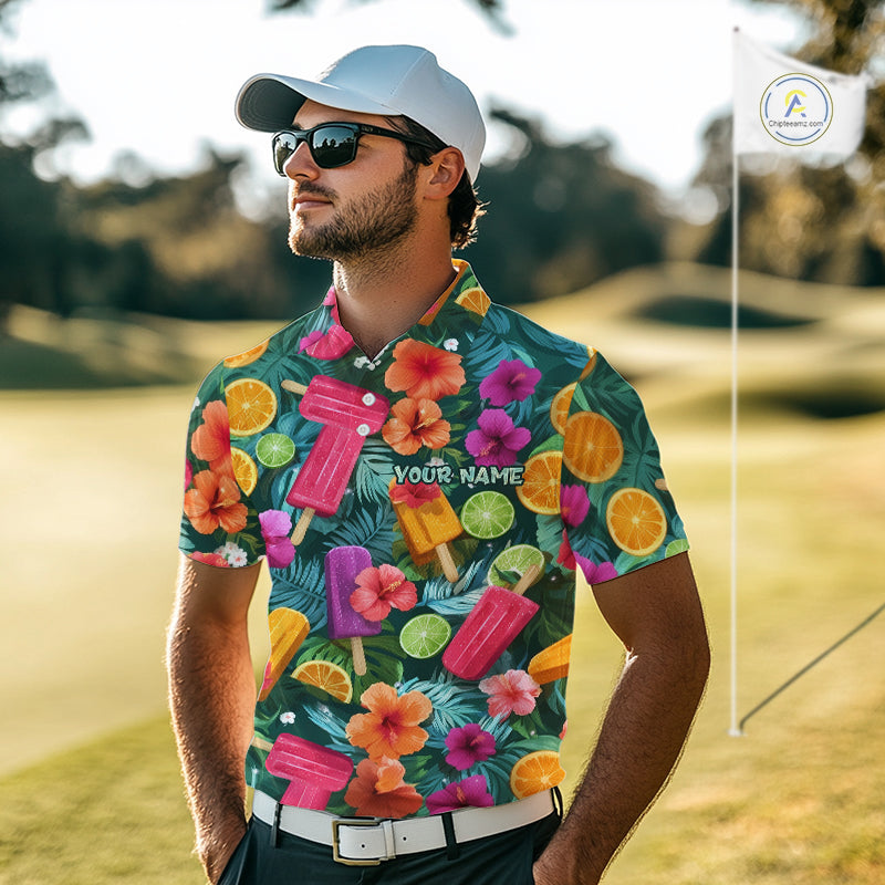 Golf Polo Shirt Tropical Popsicle Paradise Pattern Tropical Leaves Custom Name, Men's Golf Shirt NHT539