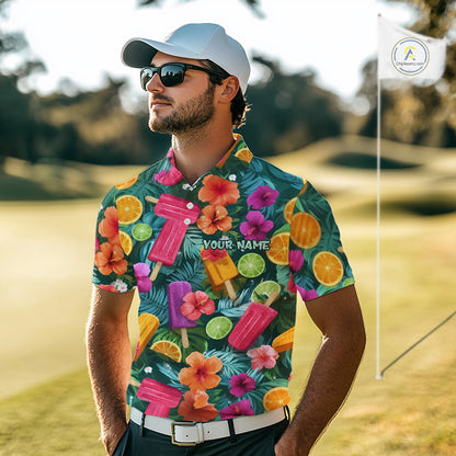Golf Polo Shirt Tropical Popsicle Paradise Pattern Tropical Leaves Custom Name, Men's Golf Shirt NHT539