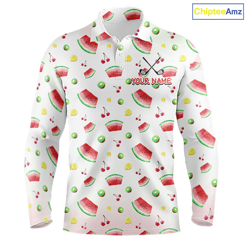 Funny Watermelon Pattern Mens Polo Shirt, Long Sleeve Golf Polo Shirt Custom Watermelon Pattern Team Golf Top NHT757