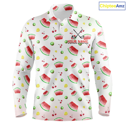 Funny Watermelon Pattern Mens Polo Shirt, Long Sleeve Golf Polo Shirt Custom Watermelon Pattern Team Golf Top NHT757