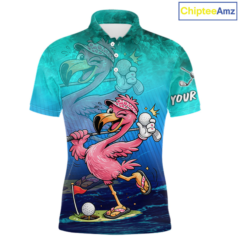 Personalized Flamingo Mens Golf Polo Shirt Custom Name And Team Teal Blue Funny Ocean Tropical Golf Outfit NHT1235